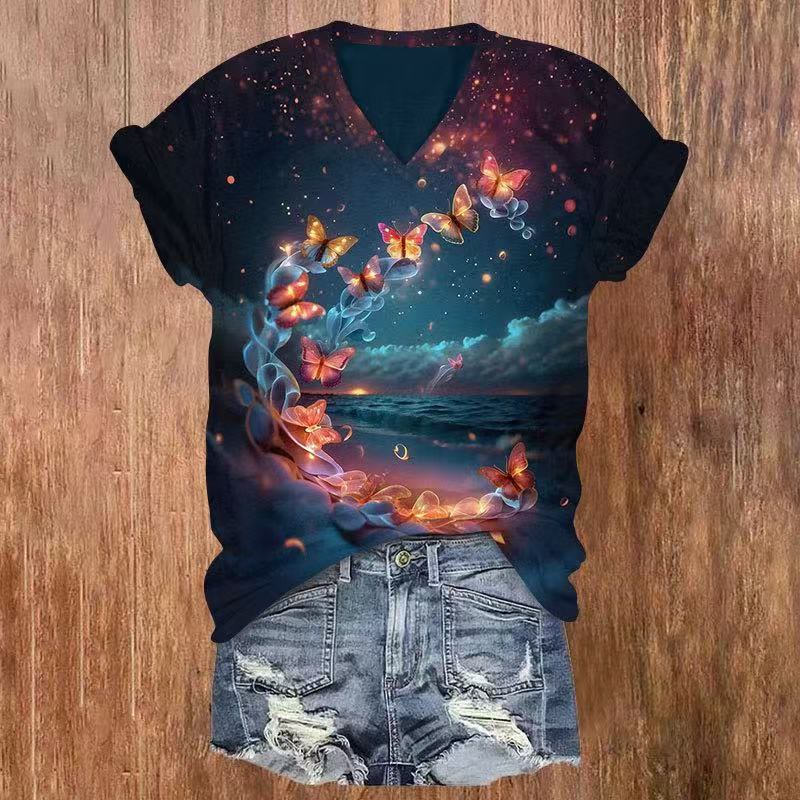 Butterflies Print V-neck T-shirt - Dark Blue - US32-34(5XL) - image 1