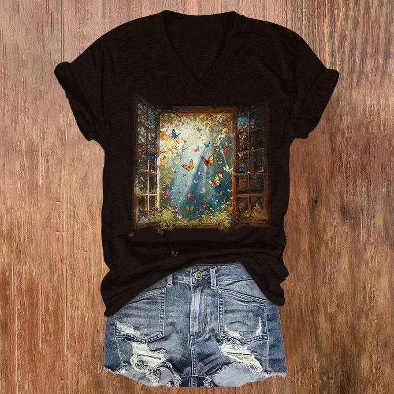 Butterflies Print v-neck T-Shirt - Coffee - US32-34(5XL) - image 1