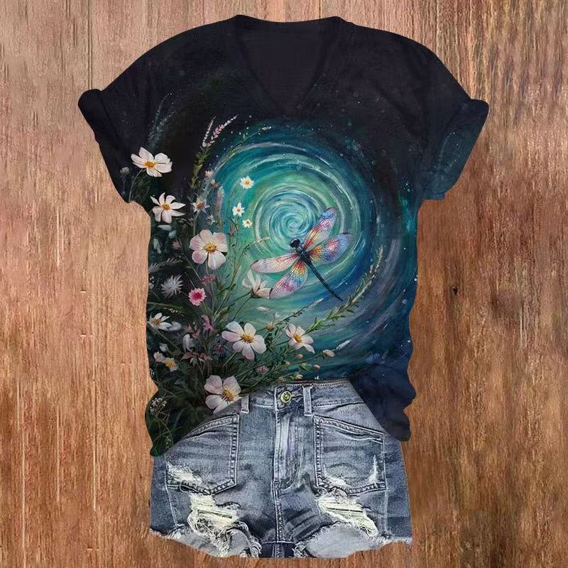 Flowers & Dragonfly Print v-neck T-Shirt - Navy Blue - US32-34(5XL) - image 1