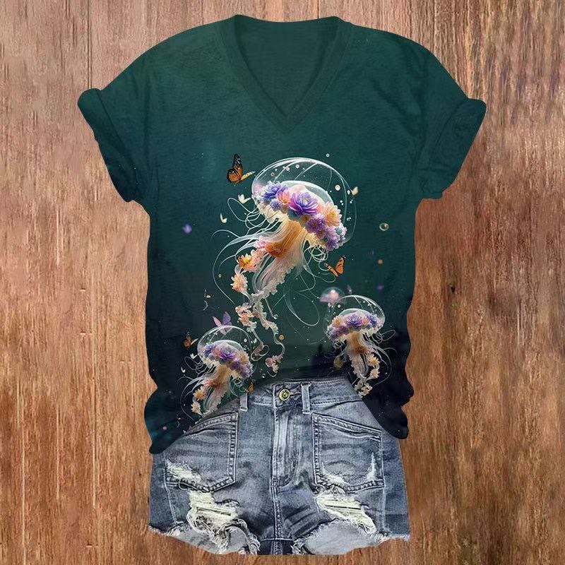 Jellyfish & Butterfly Print v-neck T-Shirt - Dark Green - US32-34(5XL) - image 1