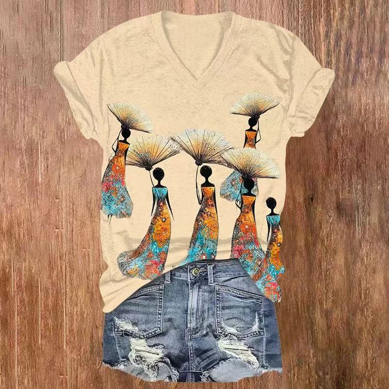 Figure Print V-neck T-shirt - Apricot - US32-34(5XL) - image 1