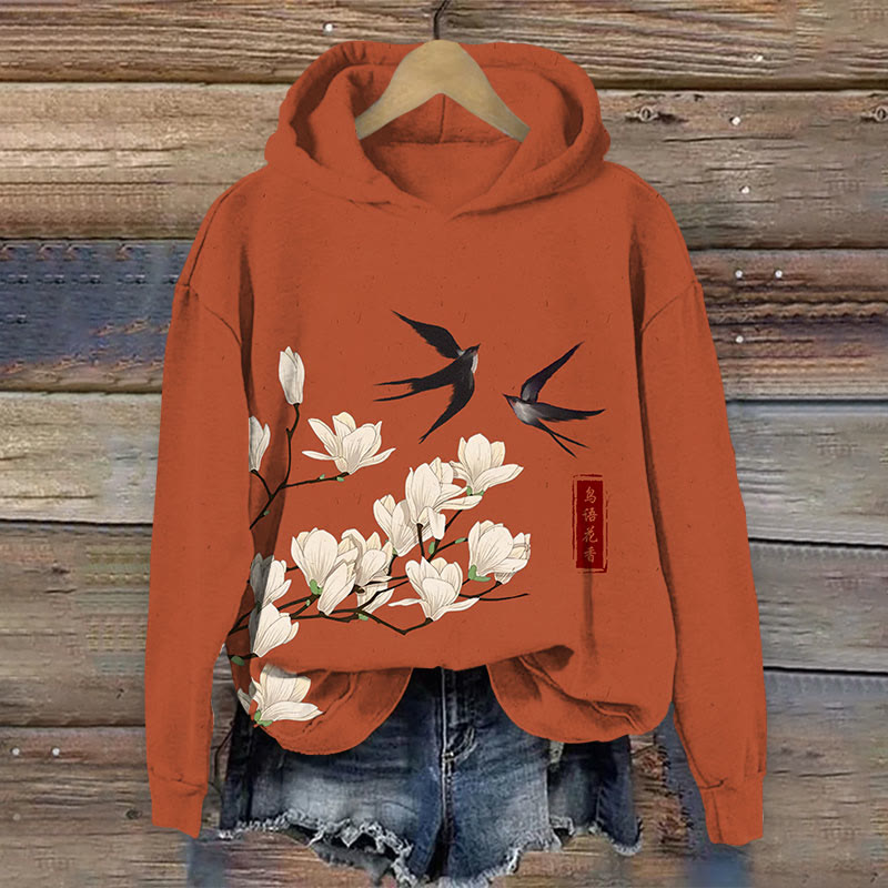 Japanese Vintage Swallow & Pear Blossom Print Long Sleeve Hoodie - Red - US44-46(8XL) - image 2