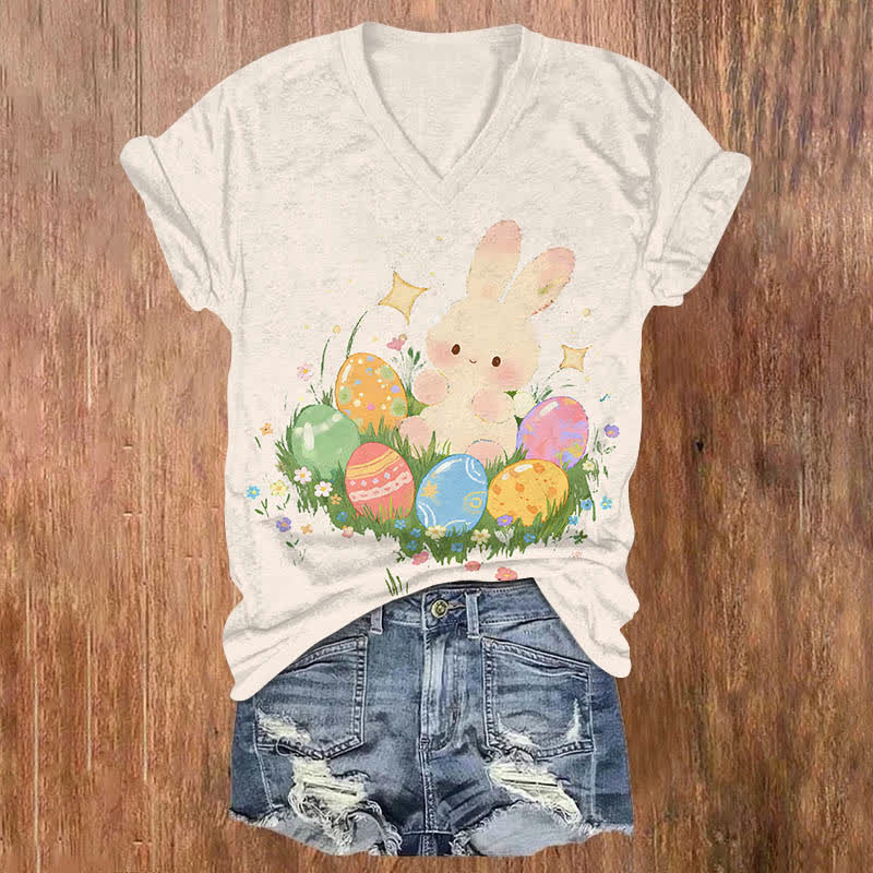 Lovely Bunny & Colorful Easter Egg Print V-neck T-shirt - Beige - US32-34(5XL) - image 2