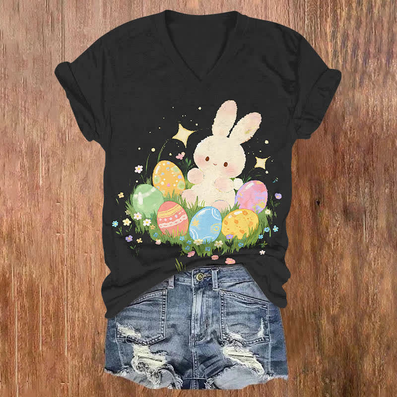 Lovely Bunny & Colorful Easter Egg Print V-neck T-shirt - Black - US32-34(5XL) - image 1