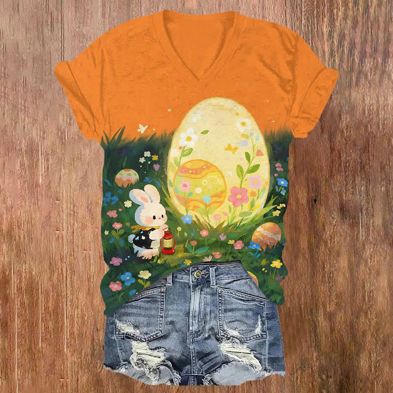 Oil Painting Floral Bunny Holding Lantern & Big Easter Egg Art Print V-neck T-shirt - Orange - US32-34(5XL) - image 3
