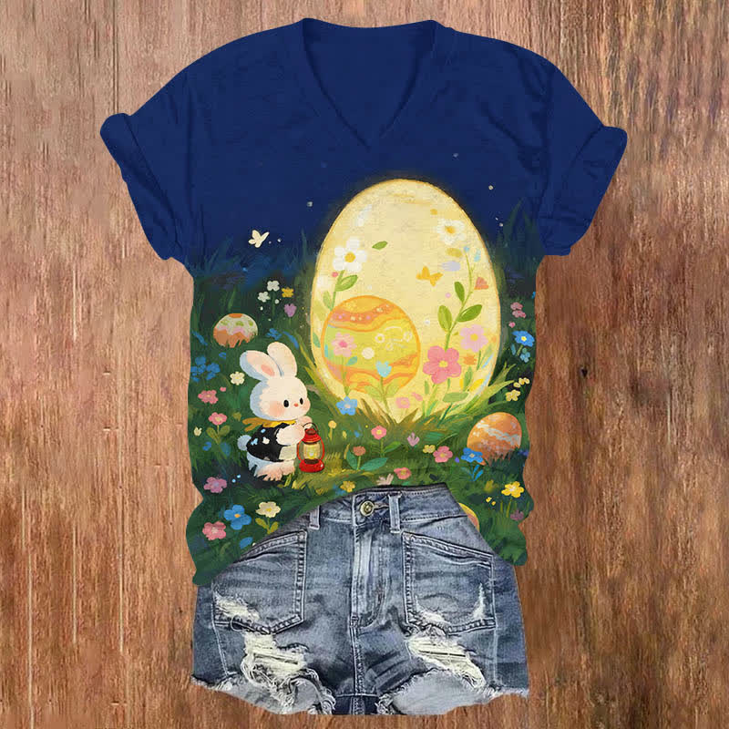 Oil Painting Floral Bunny Holding Lantern & Big Easter Egg Art Print V-neck T-shirt - Blue - US32-34(5XL) - image 1
