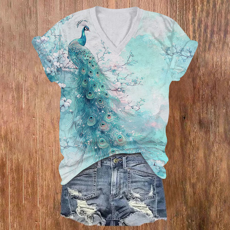 Peacock Print V-neck T-shirt - Blue - US32-34(5XL) - image 2