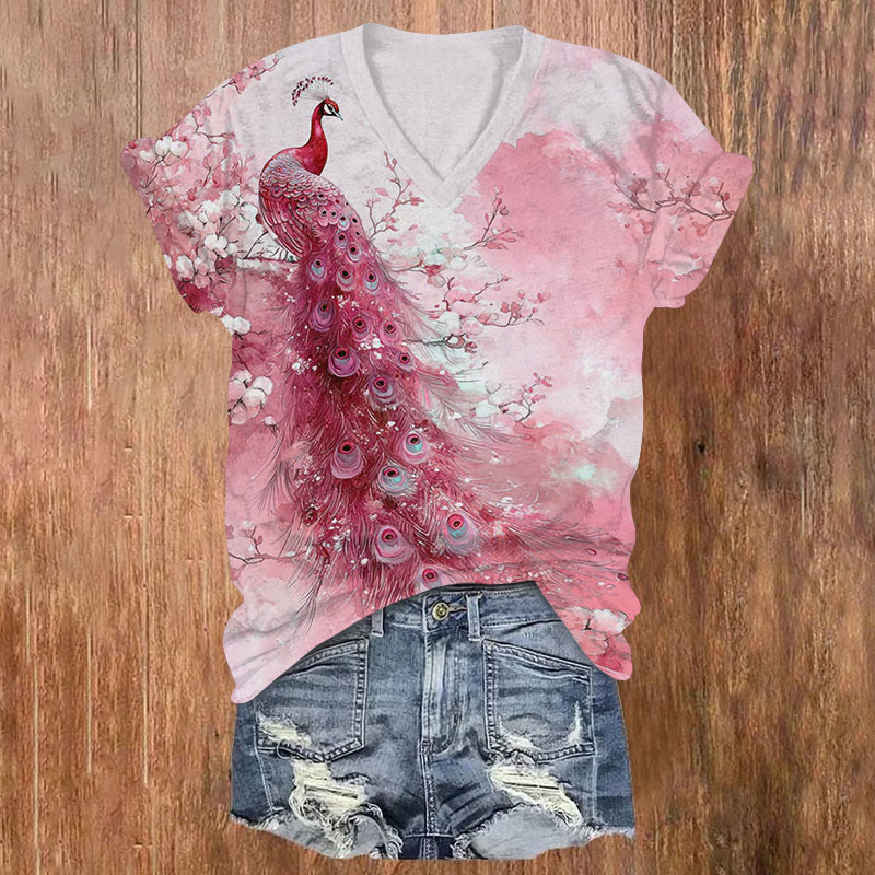 Peacock Print V-neck T-shirt - Rose - US32-34(5XL) - image 1