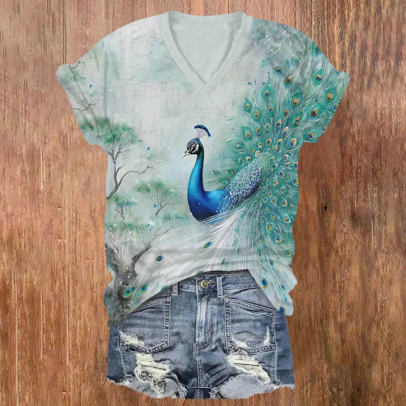 Peacock Print v-neck T-Shirt - Light Green - US32-34(5XL) - image 1