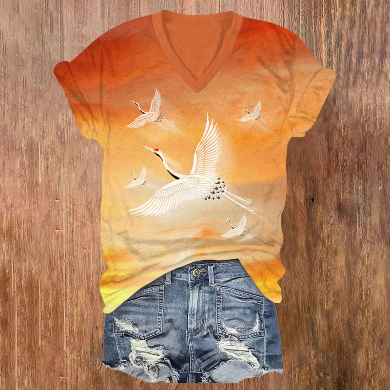 Crane Print V-neck T-shirt - Orange - US32-34(5XL) - image 1