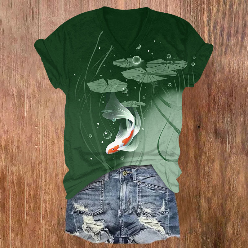 Fish Print V-neck T-shirt - Green - US32-34(5XL) - image 1