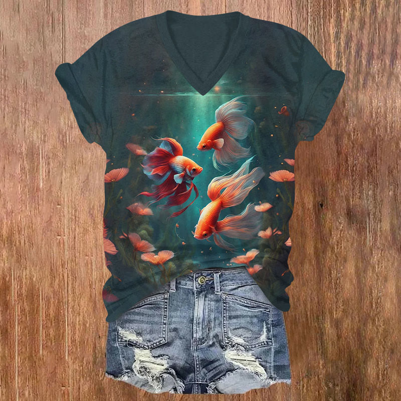 Gold Fish Print V-neck T-shirt - Dark Green - US32-34(5XL) - image 1
