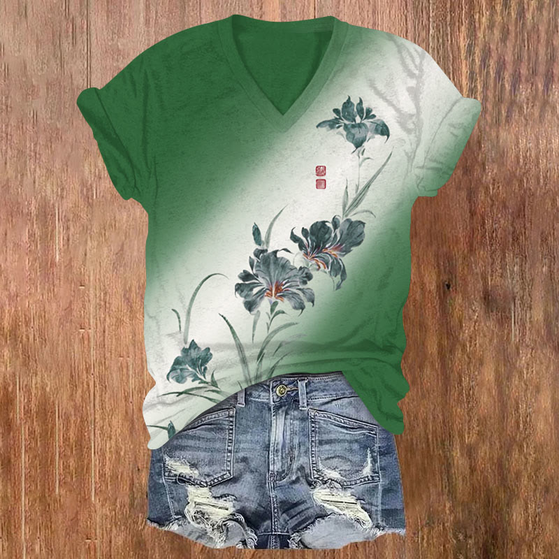 Colorblock Floral Print V-neck T-shirt - Green - US32-34(5XL) - image 2