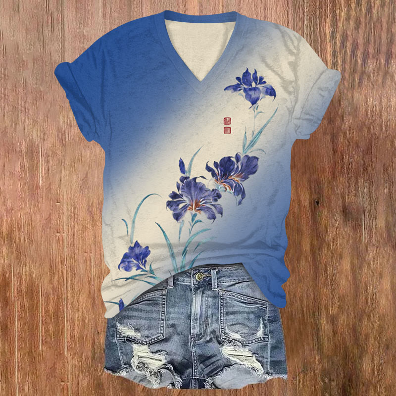 Colorblock Floral Print V-neck T-shirt - Blue - US32-34(5XL) - image 1
