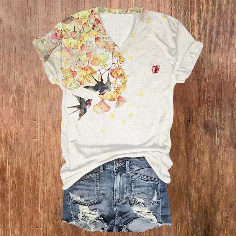 Autumn Leaves & Swallows Print V-neck T-shirt - Beige - US32-34(5XL) - image 1
