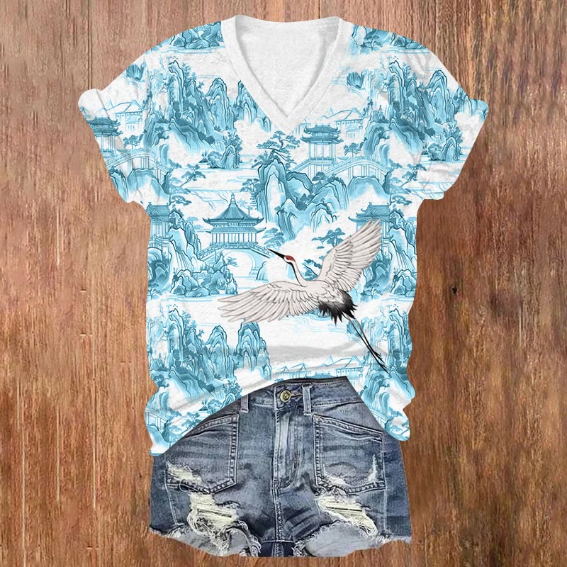 Mountain & Crane Print V-neck T-shirt - Blue - US32-34(5XL) - image 2
