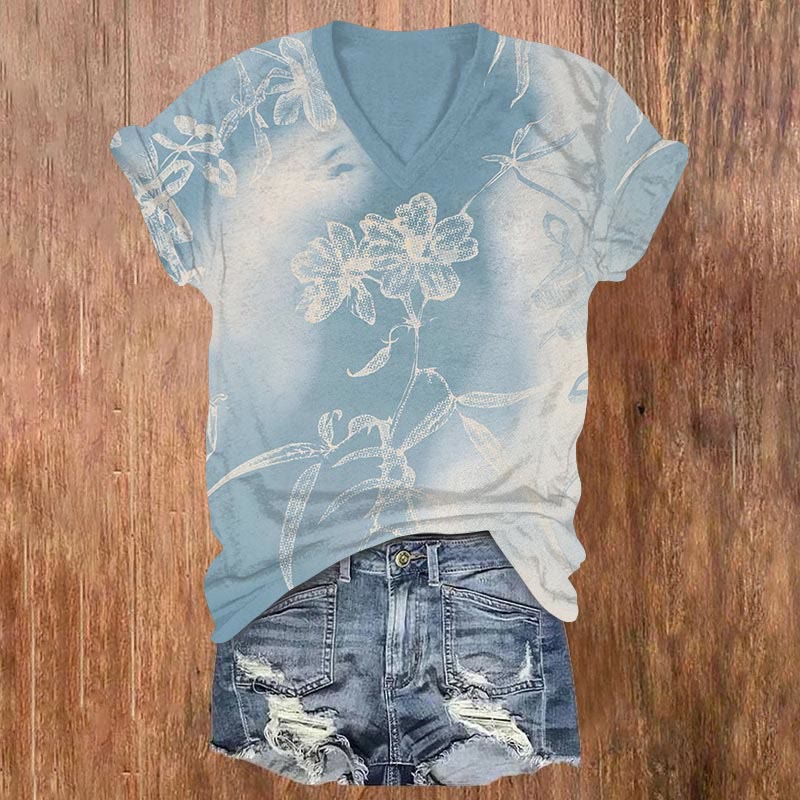 Floral Print V-neck T-shirt - Light Blue - US32-34(5XL) - image 1