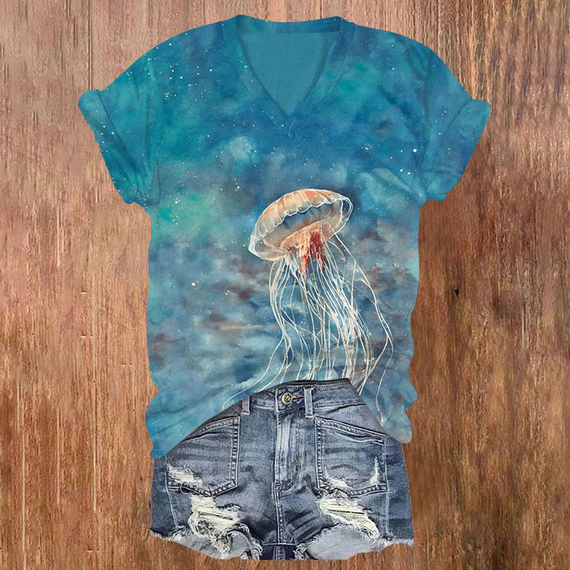 Watercolor Jellyfish Print V-neck T-shirt - Green - US32-34(5XL) - image 1