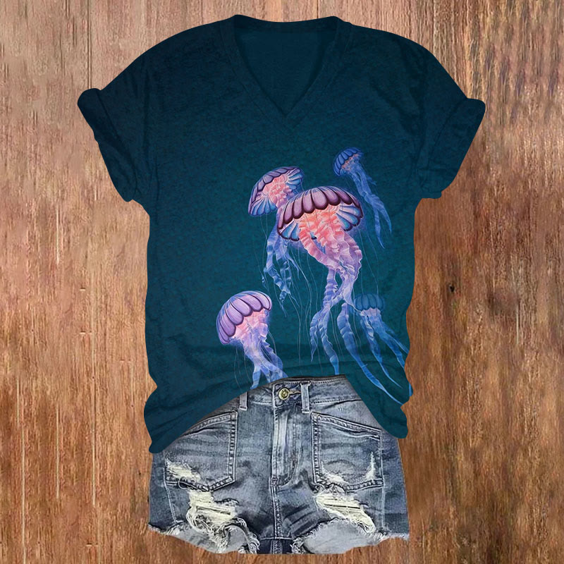 Watercolor Jellyfidh Print V-neck T-shirt - Dark Green - US32-34(5XL) - image 1