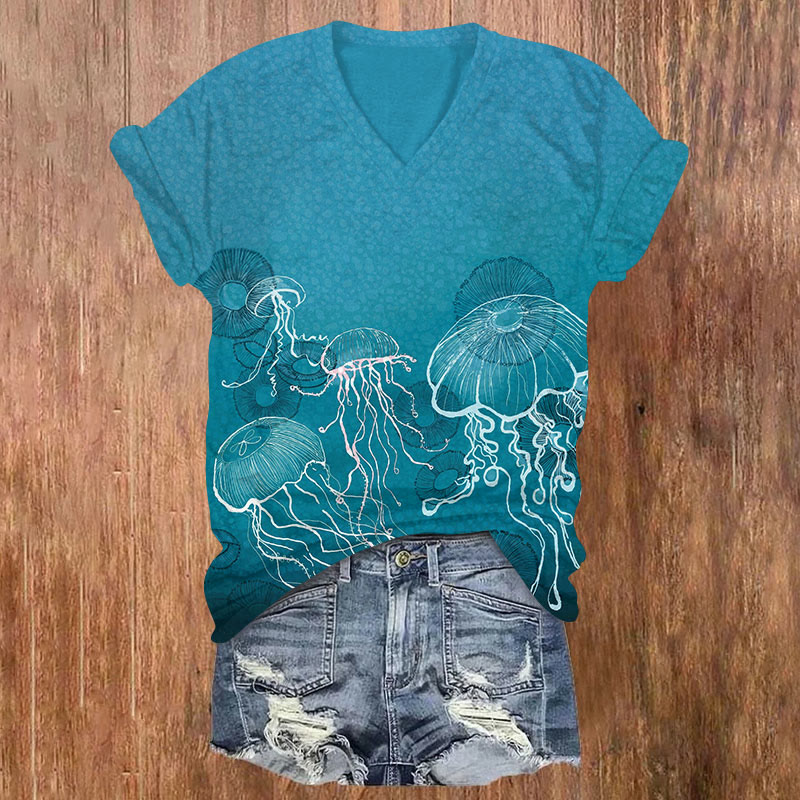 Watercolor Jellyfidh Print V-neck T-shirt - Green - US32-34(5XL) - image 1