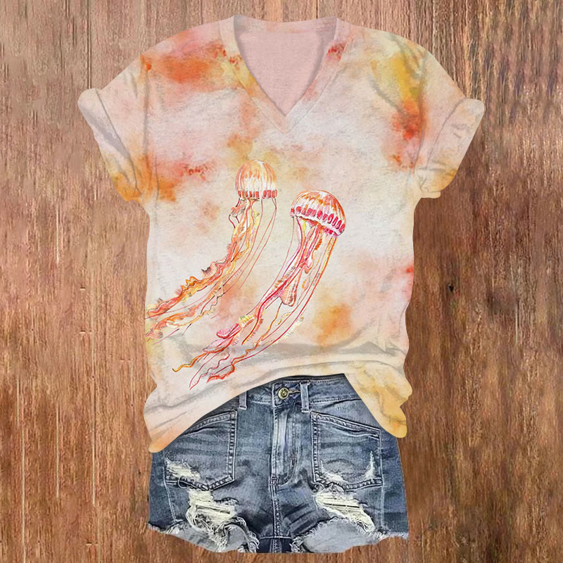 Watercolor Jellyfidh Print V-neck T-shirt - Orange - US32-34(5XL) - image 1