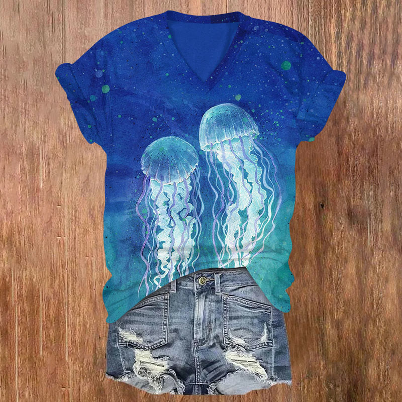 Watercolor Jellyfidh Print v-neck T-Shirt - Blue - US32-34(5XL) - image 1