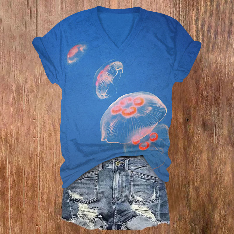 Watercolor Jellyfidh Print v-neck T-Shirt - Blue - US32-34(5XL) - image 2