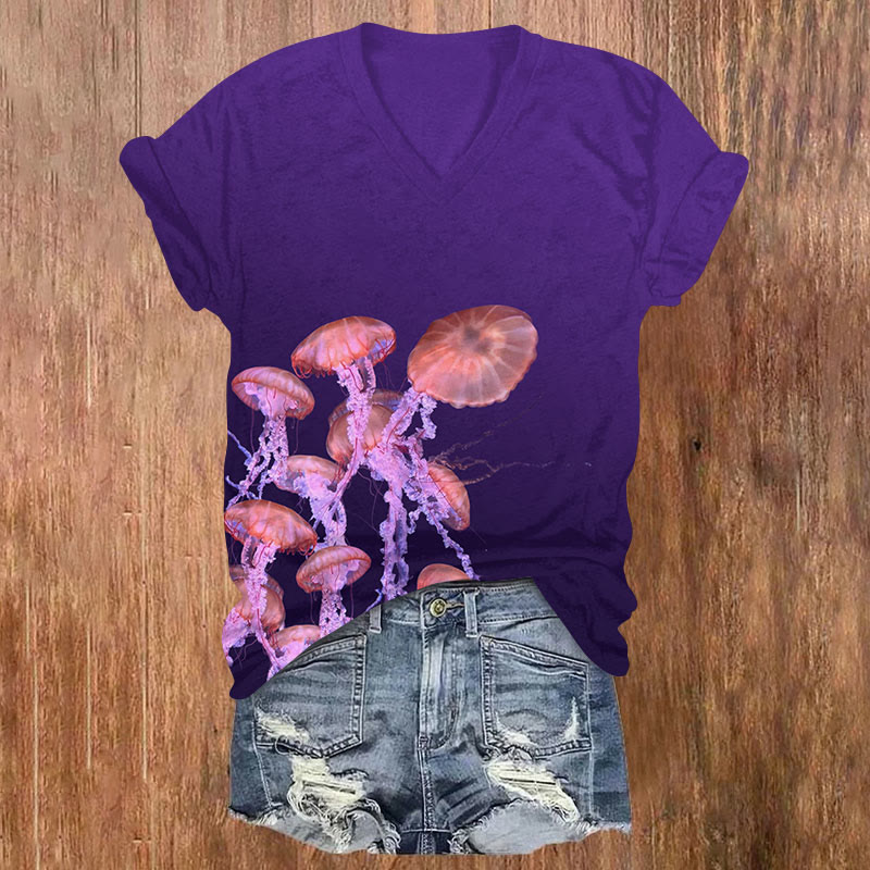 Watercolor Jellyfidh Print v-neck T-Shirt - Purple - US32-34(5XL) - image 1