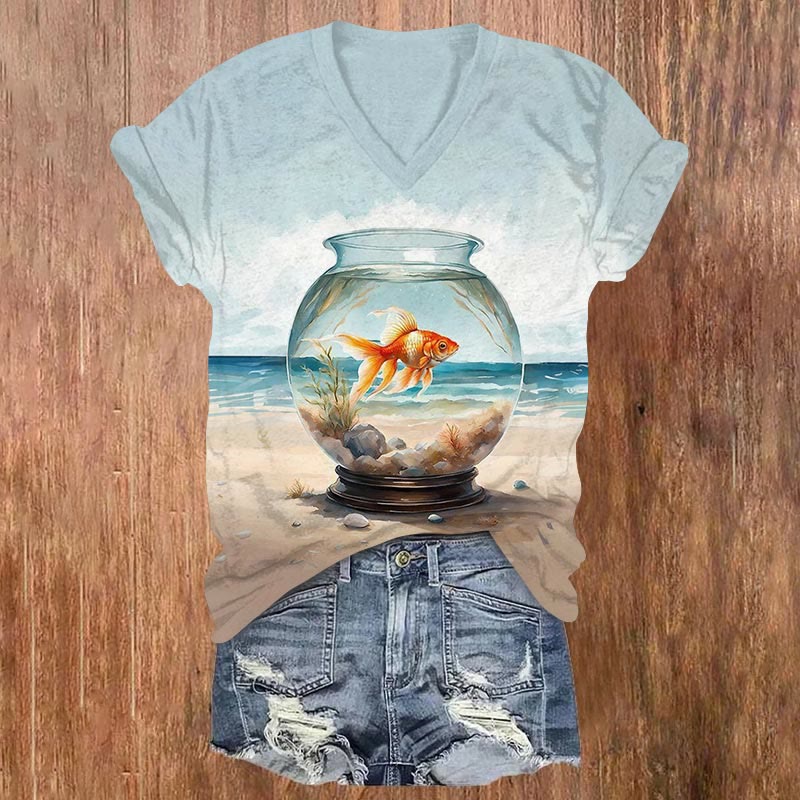 Gold Fish Print V-neck T-shirt - Multicolor - US32-34(5XL) - image 1