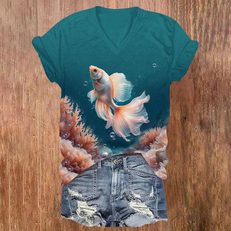 Gold Fish Print V-neck T-shirt - Green - US32-34(5XL) - image 1