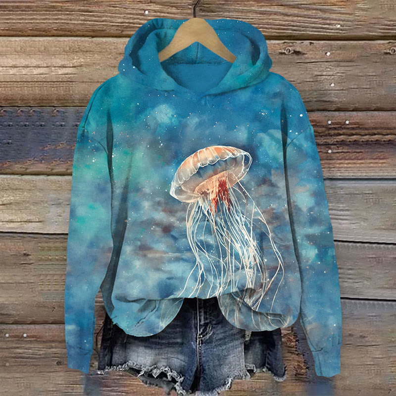 Watercolor Jellyfish Print Long Sleeve Hoodie - Green - US44-46(8XL) - image 1