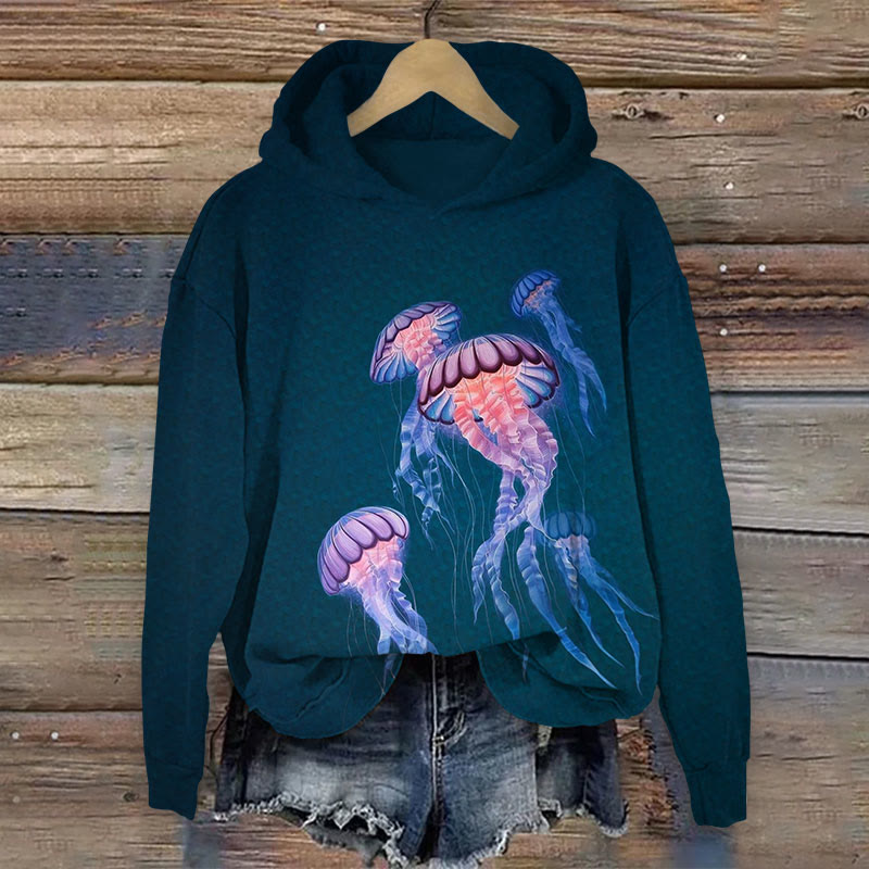 Watercolor Jellyfish Print Long Sleeve Hoodie - Dark Green - US44-46(8XL) - image 1