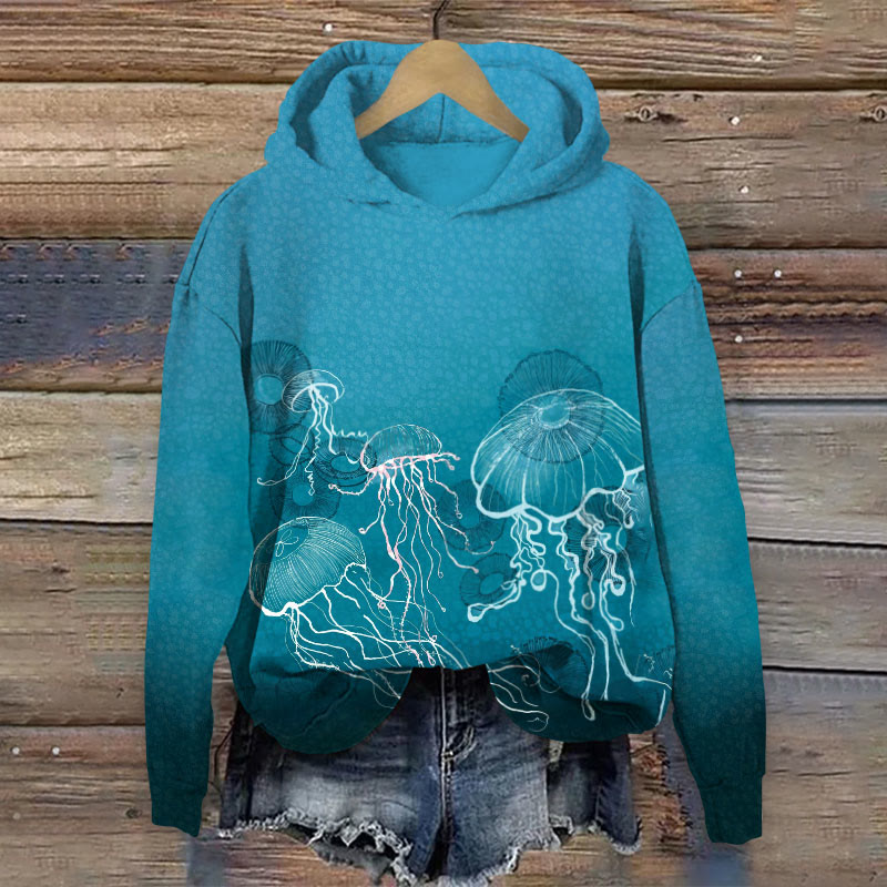 Watercolor Jellyfish Print Long Sleeve Hoodie - Green - US44-46(8XL) - image 1