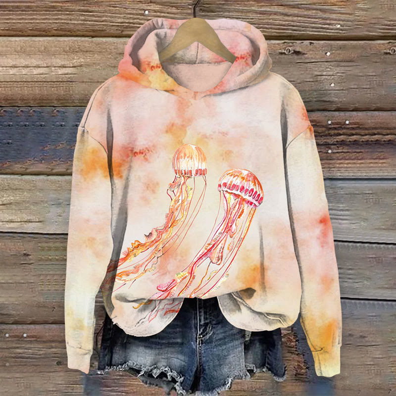 Watercolor Jellyfish Print Long Sleeve Hoodie - Orange - US44-46(8XL) - image 1