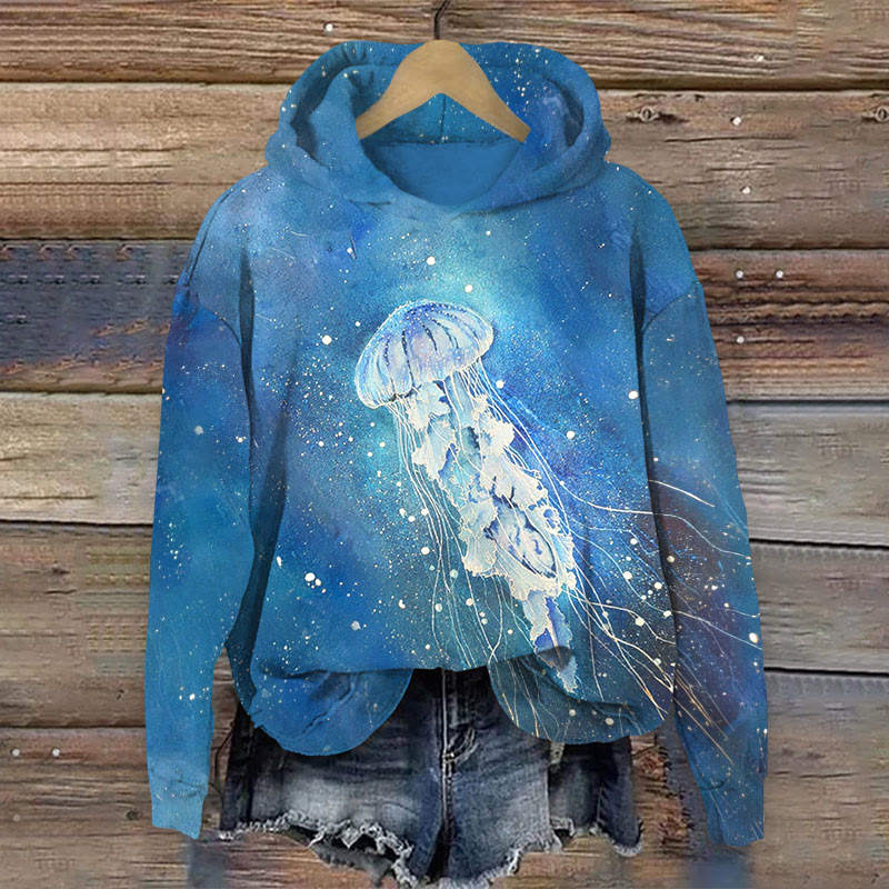 Watercolor Jellyfish Print Long Sleeve Hoodie - Lake Blue - US44-46(8XL) - image 1