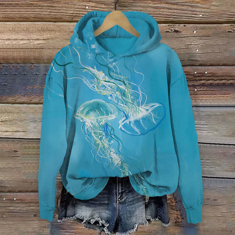 Watercolor Jellyfish Print Long Sleeve Hoodie - Green - US44-46(8XL) - image 1