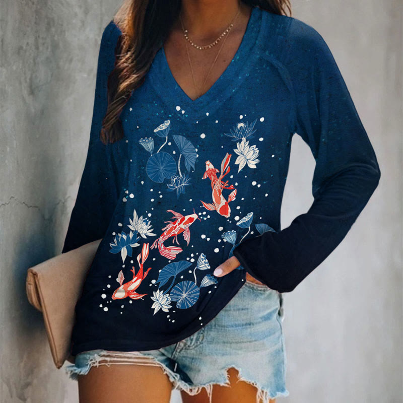 Ocean Fish Print V-neck Long Sleeve T-shirt - Navy Blue - 5XL - image 1