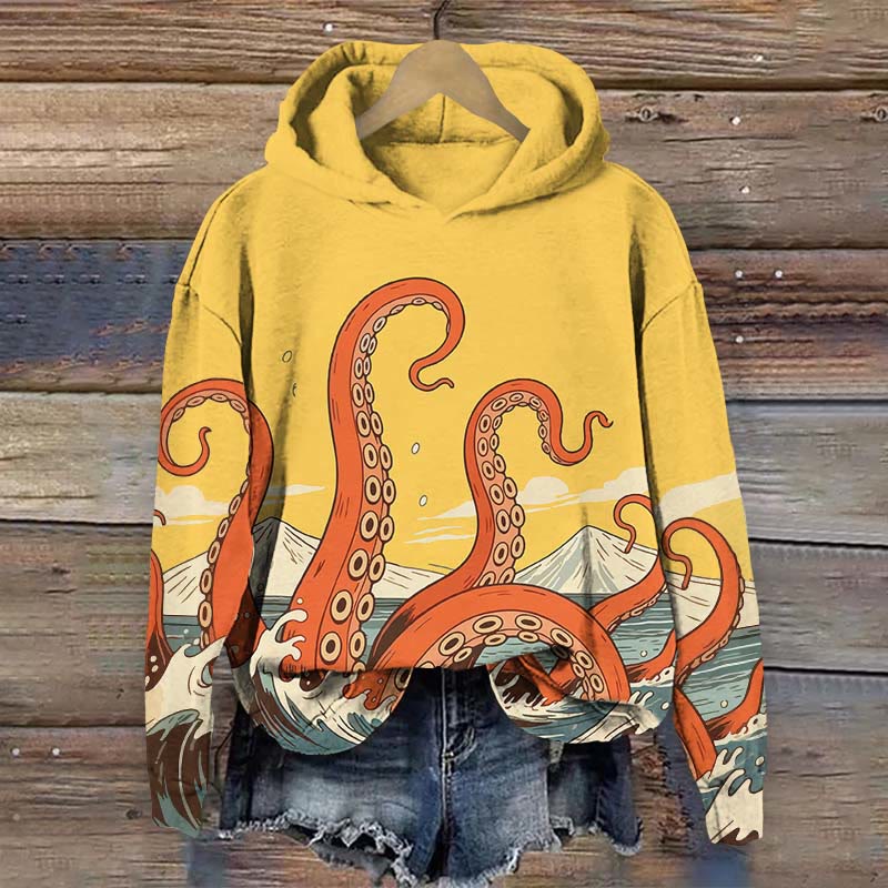 Japanese Cartoon Ocean Octopus Tentacles Print Long Sleeve Hoodie - Yellow - US44-46(8XL) - image 2