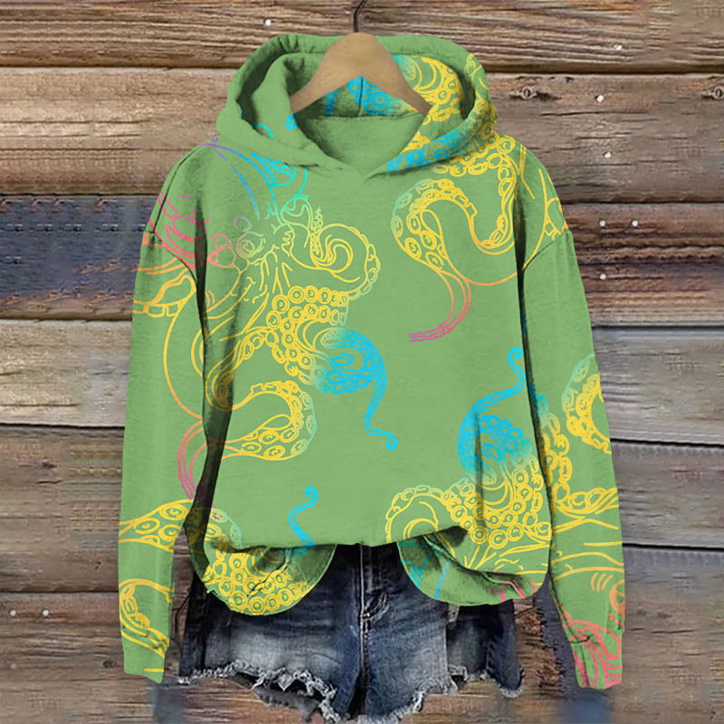 Japanese Abstract Color Painting Octopus Print Long Sleeve Hoodie - Green - US44-46(8XL) - image 2