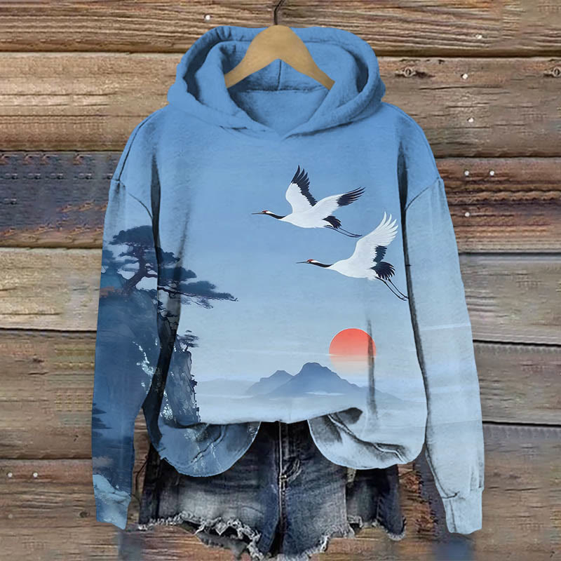 Japanese Watercolor Sunset & Flying Crane Print Long Sleeve Hoodie - Blue - US44-46(8XL) - image 2