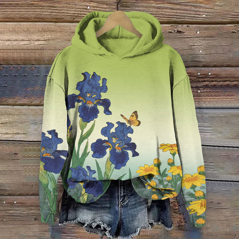 Japanese Watercolor Sunflower Print Long Sleeve Hoodie - Green - US44-46(8XL) - image 2