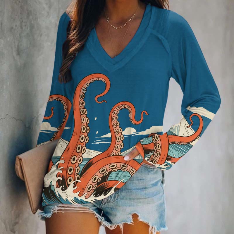 Japanese Cartoon Ocean Octopus Tentacles Art Print Long Sleeve T-shirt - Blue - 5XL - image 2