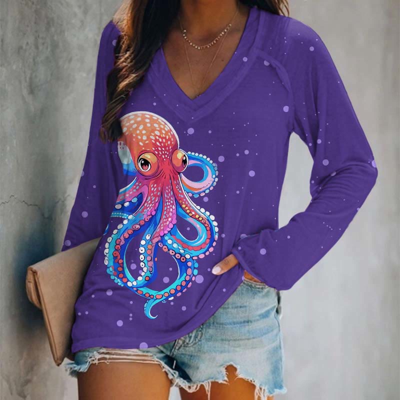 Japanese Funny Bubble Octopus Art Print Long Sleeve T-shirt - Purple - 5XL - image 2