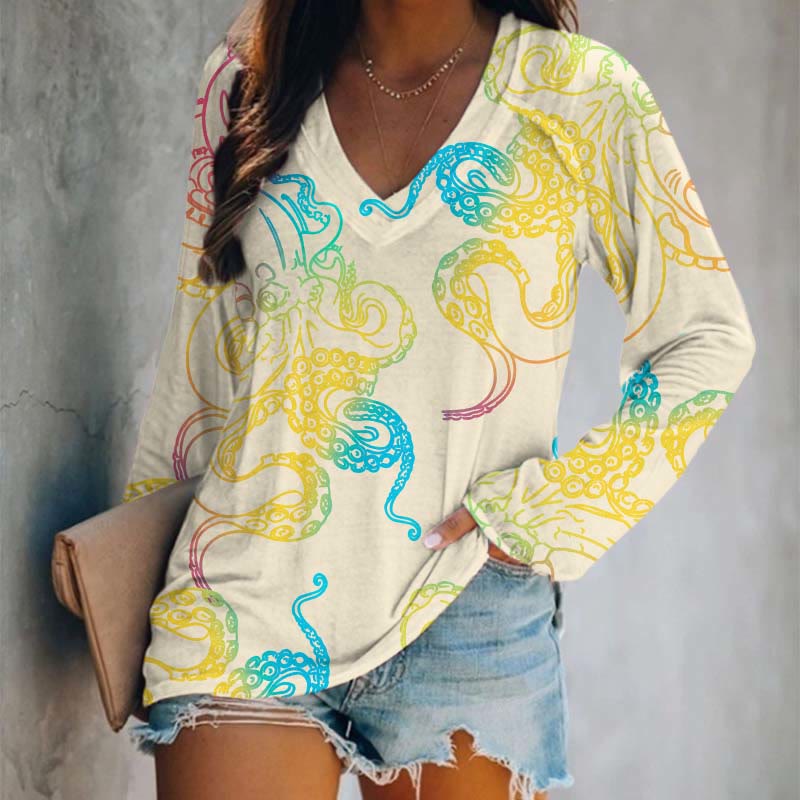 Japanese Abstract Color Painting Octopus Art Print Long Sleeve T-shirt - Yellow - 5XL - image 2