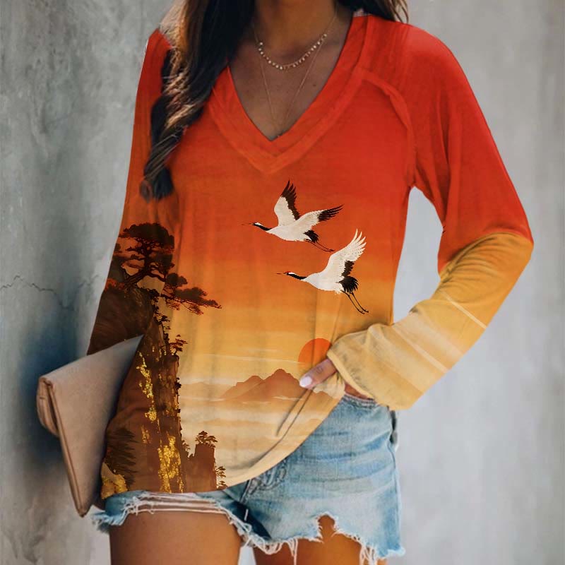 Japanese Watercolor Sunset & Flying Crane Art Print Long Sleeve T-shirt - Red - 5XL - image 2