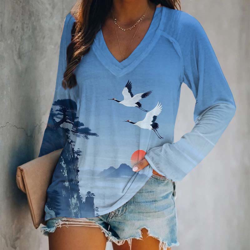 Japanese Watercolor Sunset & Flying Crane Art Print Long Sleeve T-shirt - Blue - 5XL - image 1