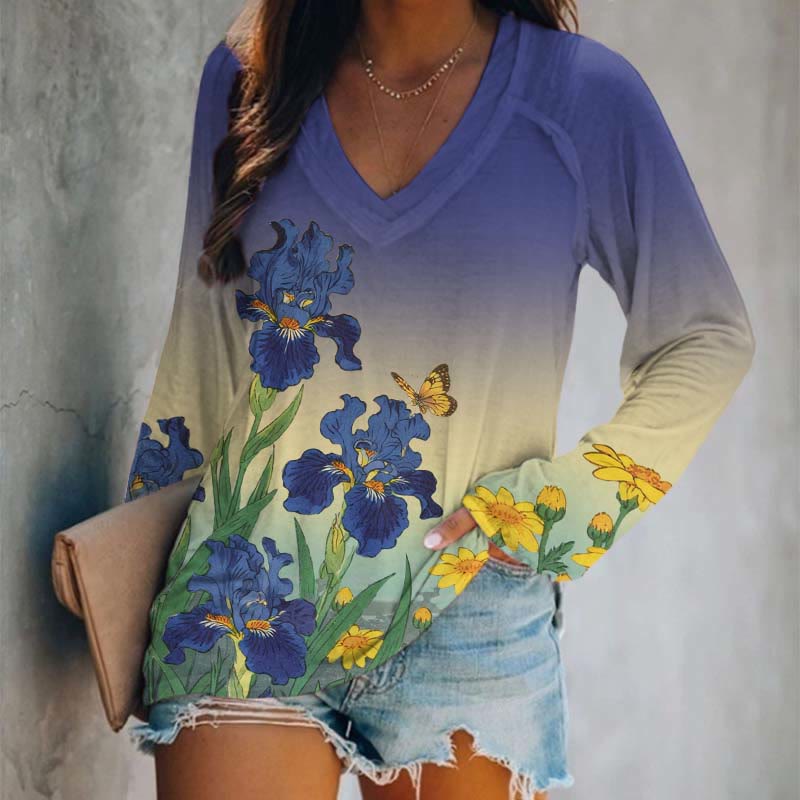 Japanese Watercolor Sunflower Art Print Long Sleeve T-shirt - Blue - 5XL - image 2