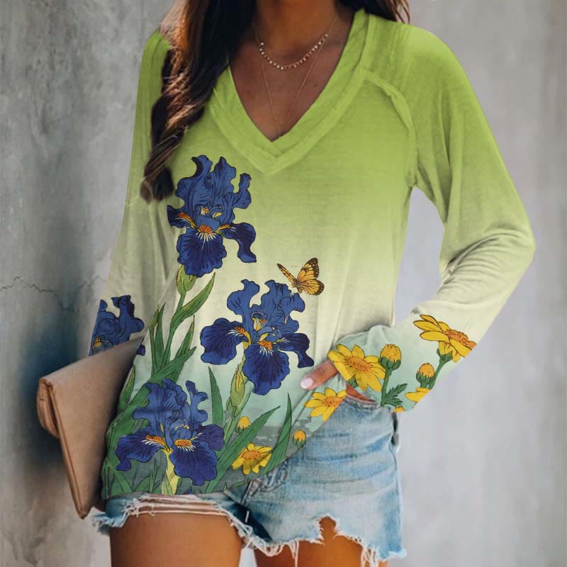 Japanese Watercolor Sunflower Art Print Long Sleeve T-shirt - Green - 5XL - image 1