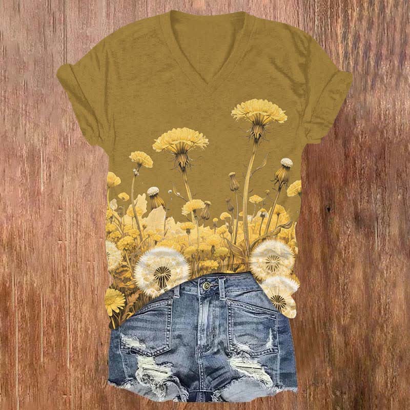 Japanese Vintage Sunflower & Dandelion Art Print V-neck T-shirt - Yellow - US32-34(5XL) - image 3