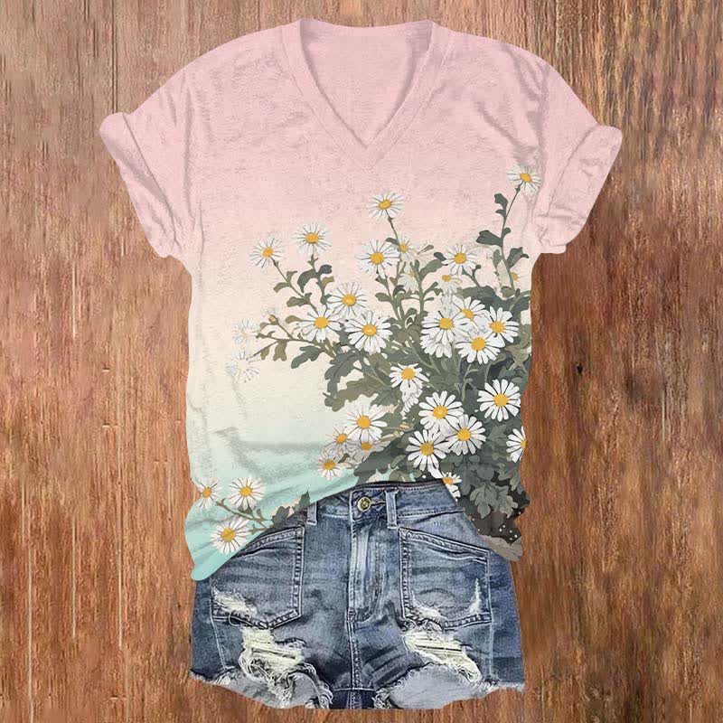 Japanese Lovely Daisy Art Print V-neck T-shirt - Pink - US32-34(5XL) - image 2